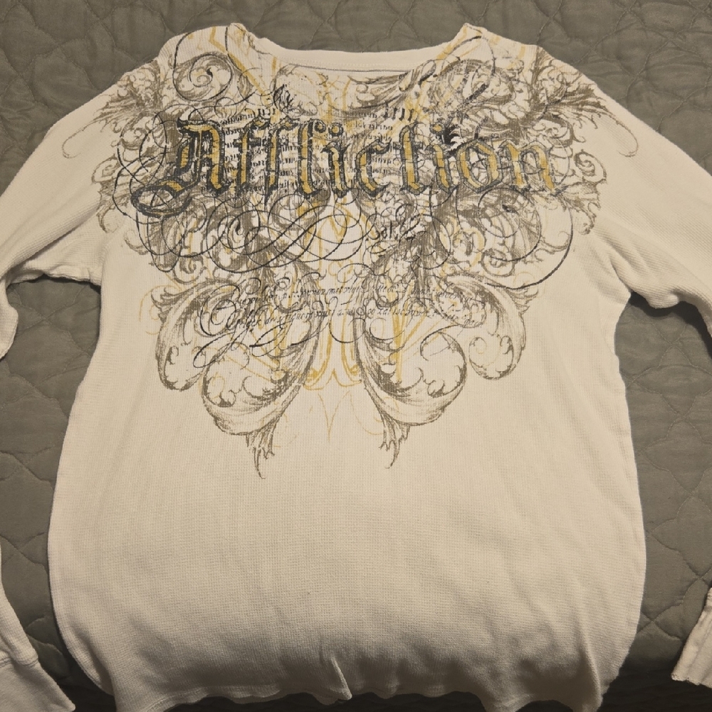 Affliction White and Gold Graphic Long Sleeve Thermal